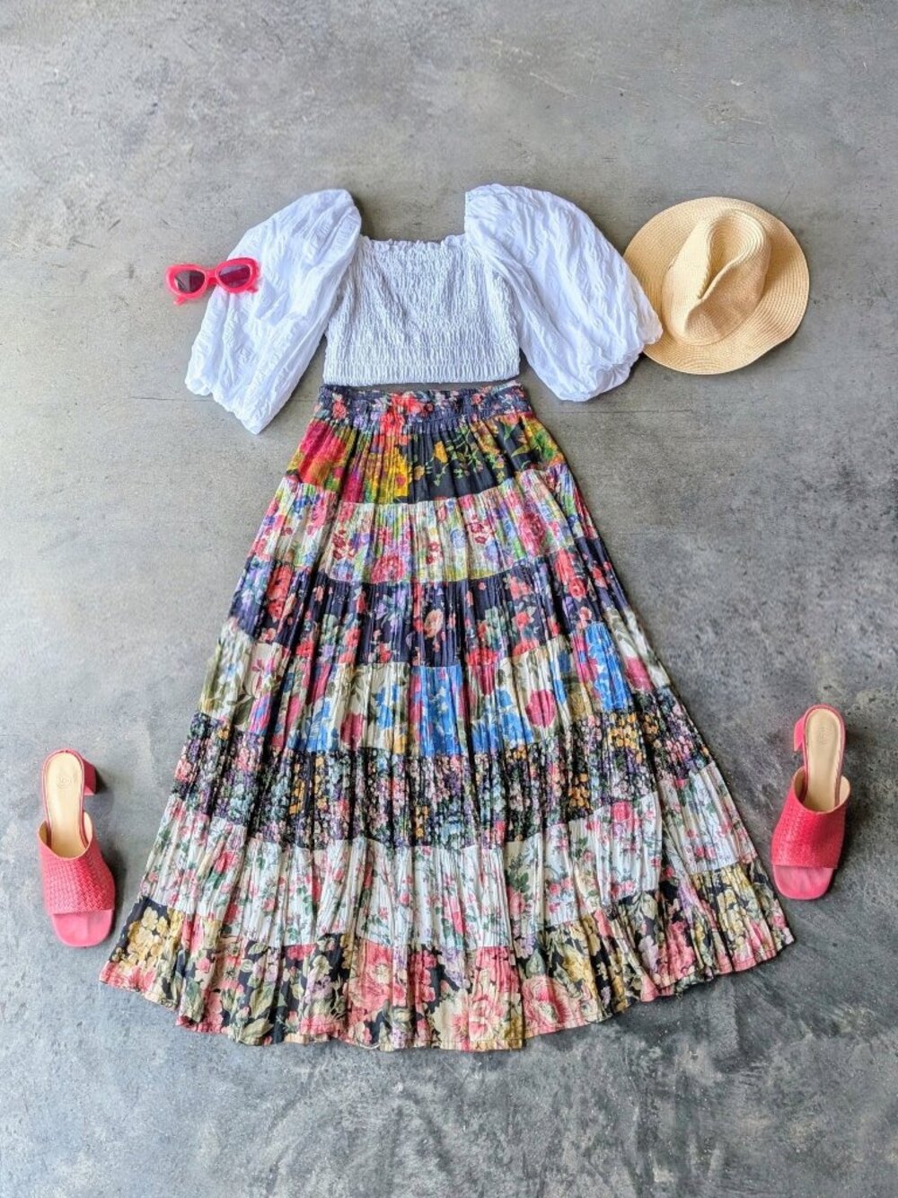 Vintage Cottagecore Patchwork Colorful Floral Peasant Prairie Maxi Skirt small